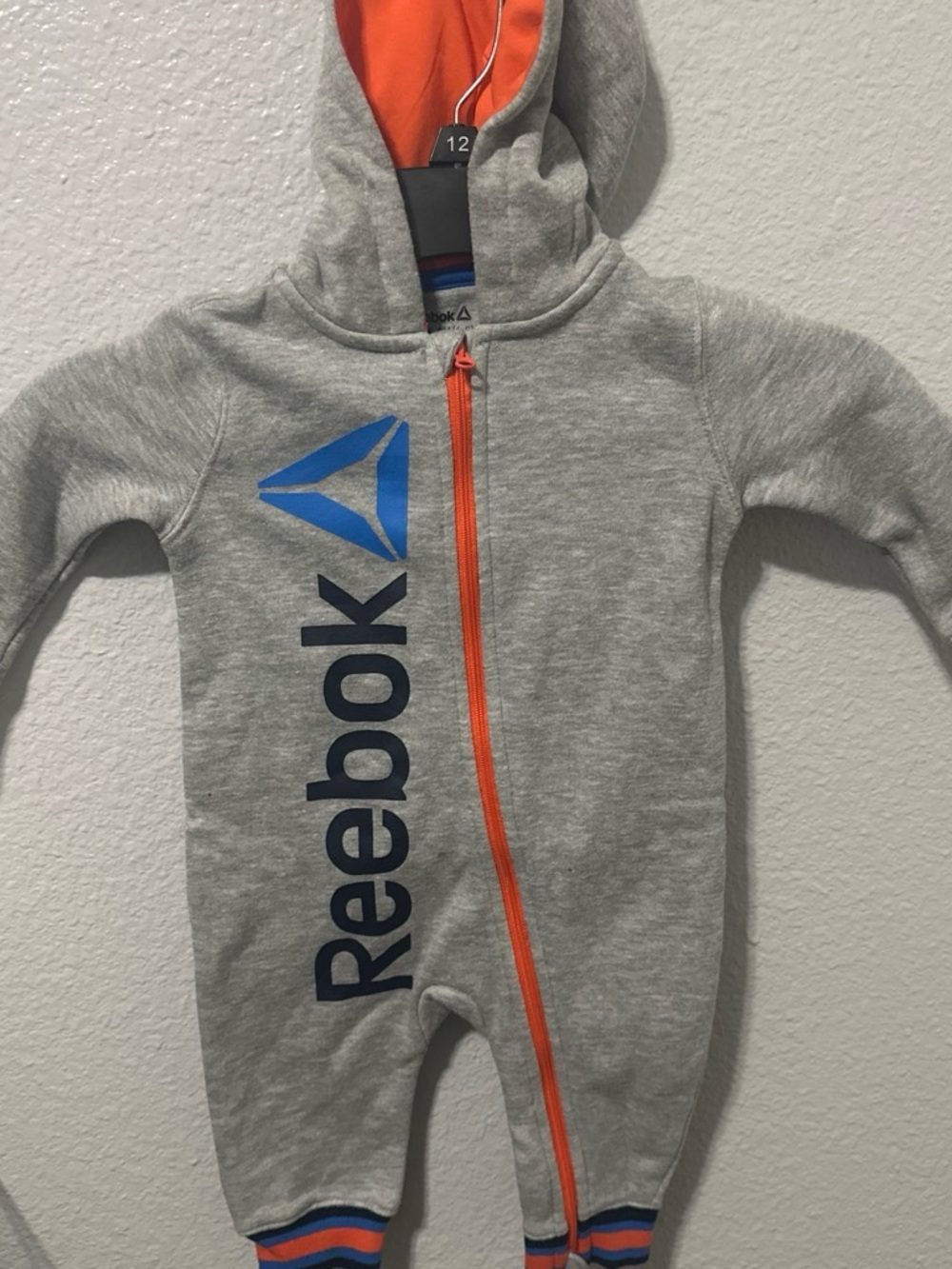 Reebok Gray & Orange Hooded Baby One-Piece with Blue Logo